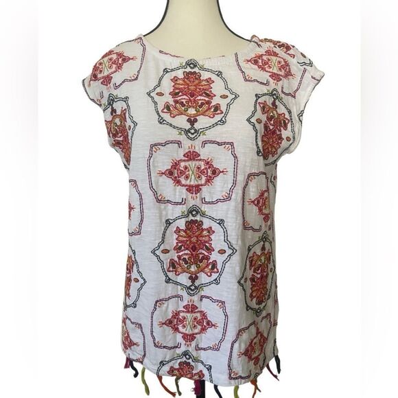 Soft Surroundings embroidered 100% cotton boho top ivory w orange green red szXS - Picture 3 of 10